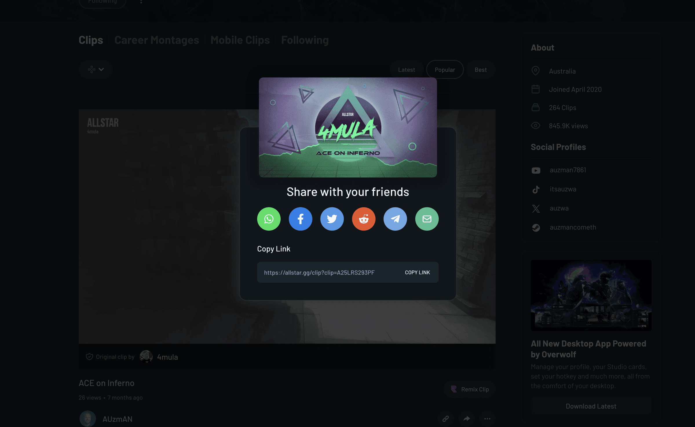 Profile page with share dialog overlay