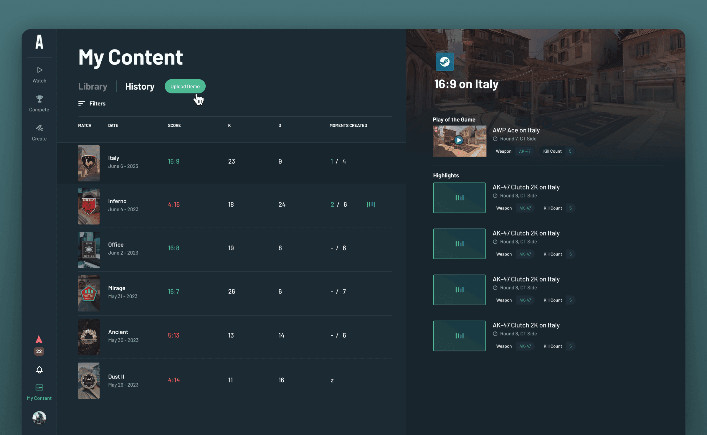 Match history with highlight detection and upload history