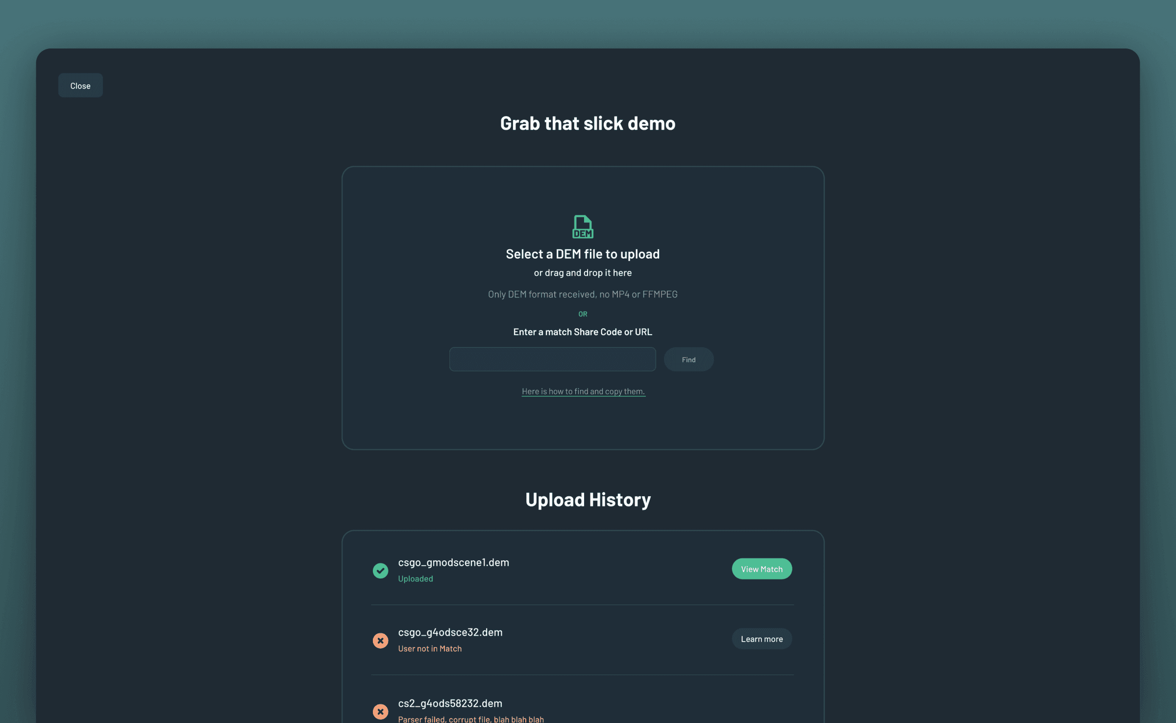 Demo file upload interface with upload history