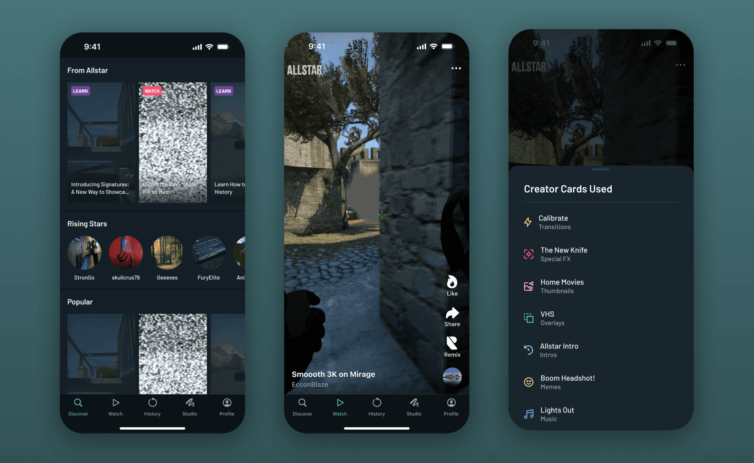 iOS discover feed, clip viewer and creator cards
