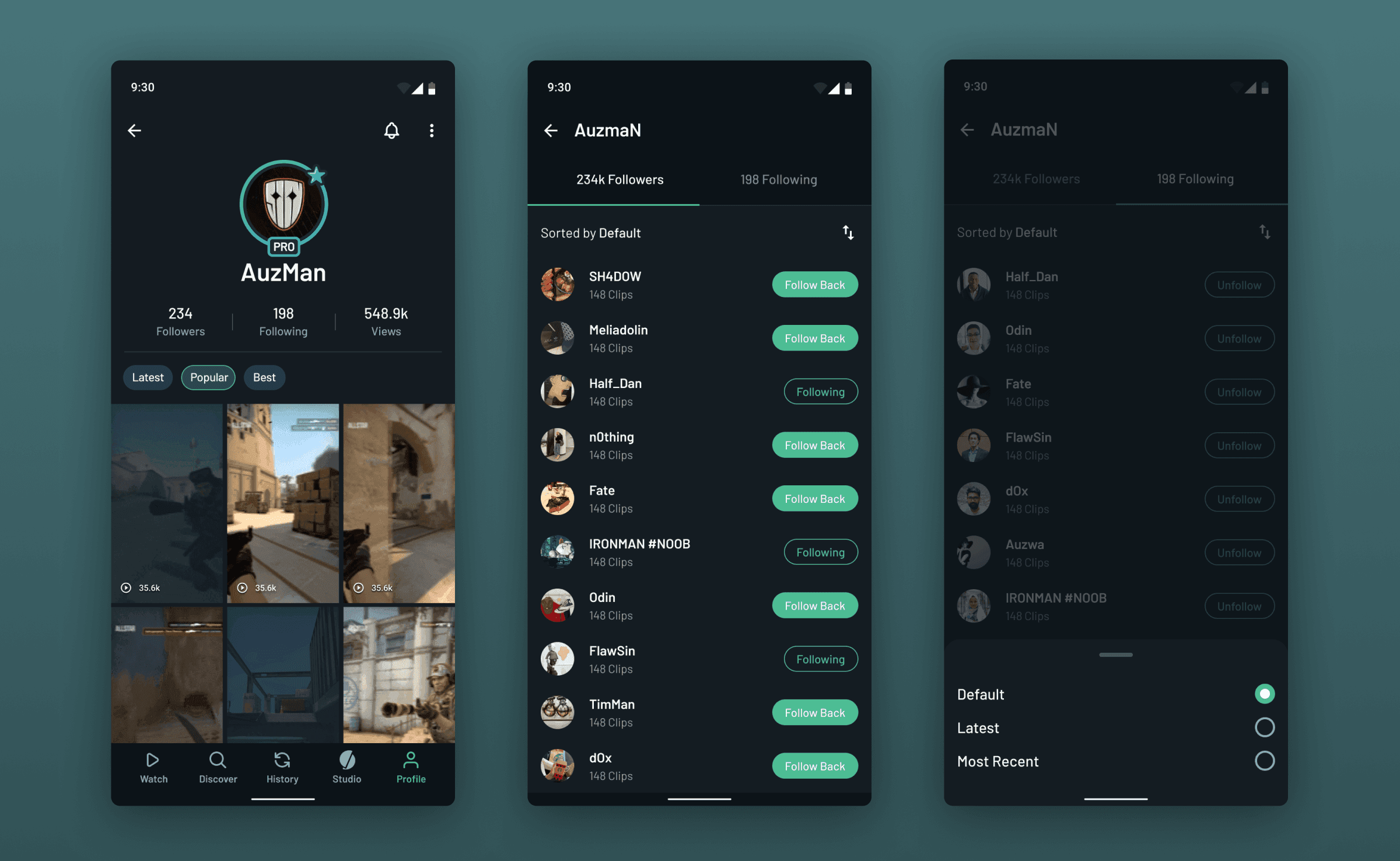 Android profile screen with followers and following tabs