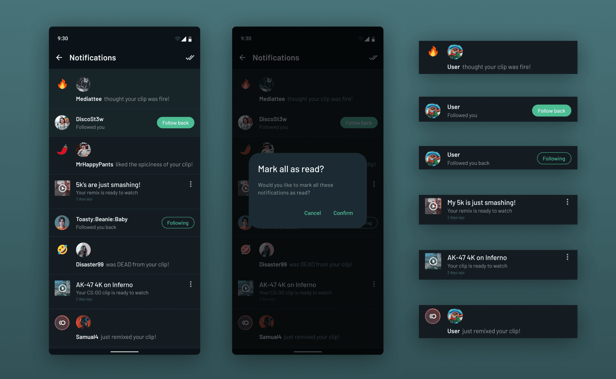 Notifications screens with mark-all-as-read dialog