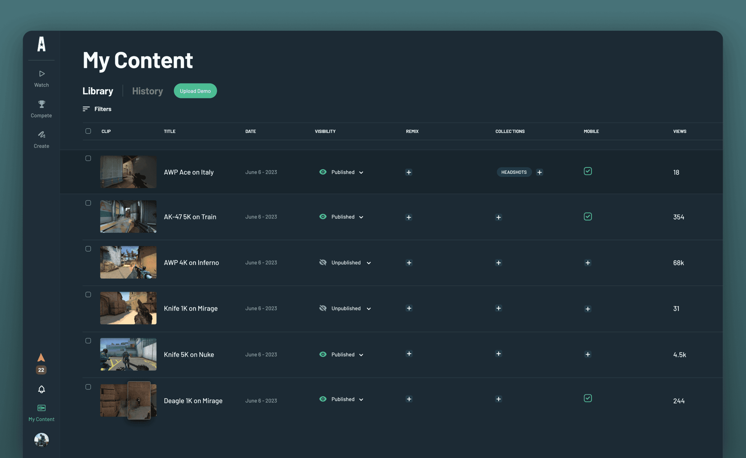 My Content library with clip management table