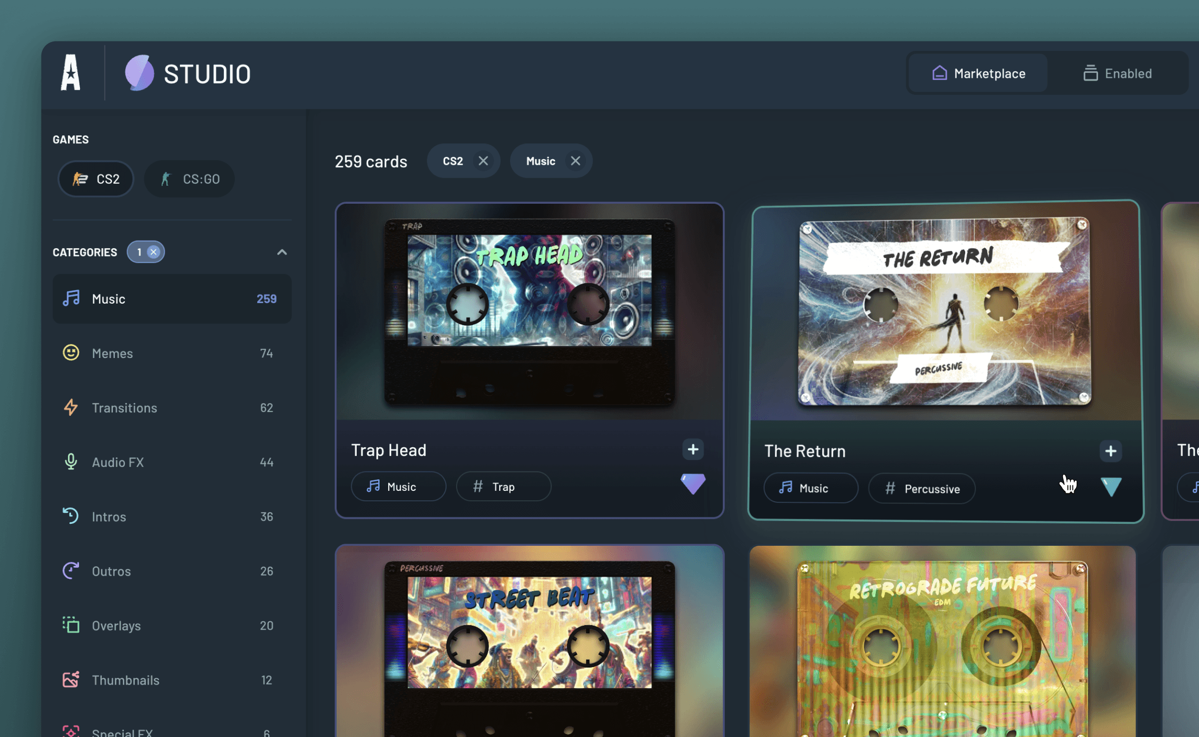 Studio card browsing with category filters