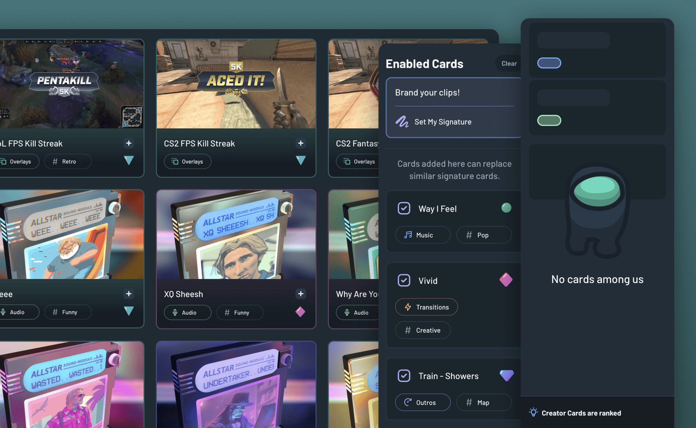 Enabled cards panel with ranking and configuration