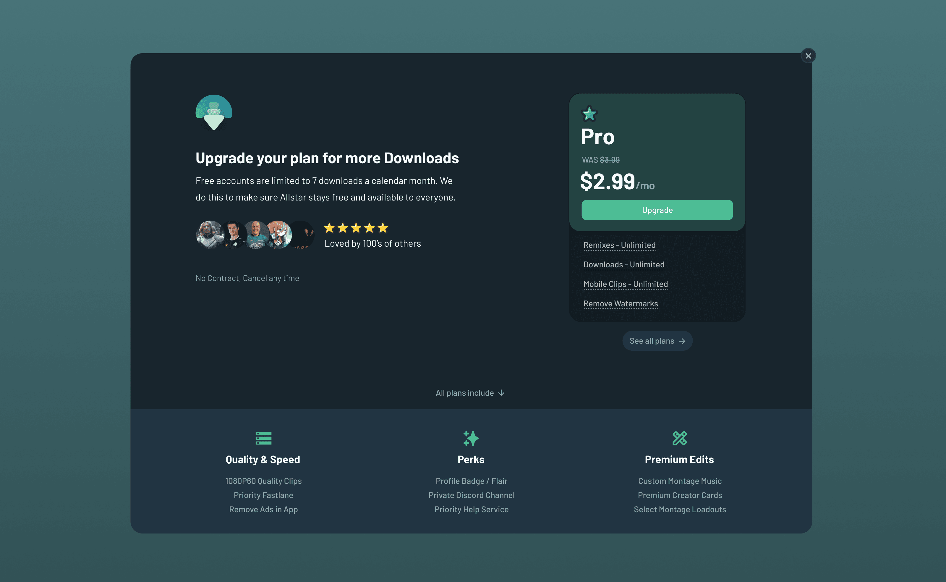 Downloads paywall with Pro plan upgrade
