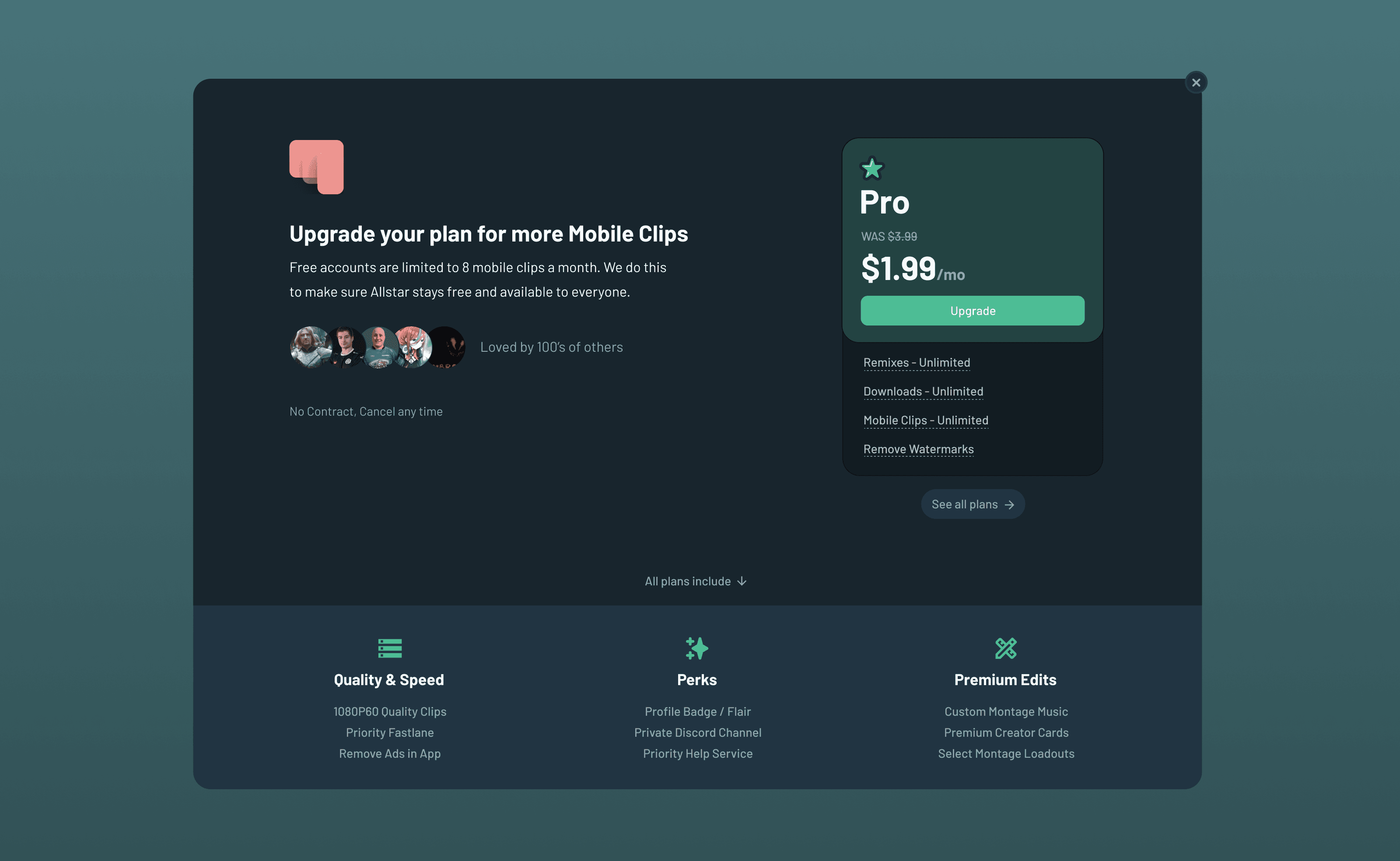Mobile clips paywall with Pro plan upgrade
