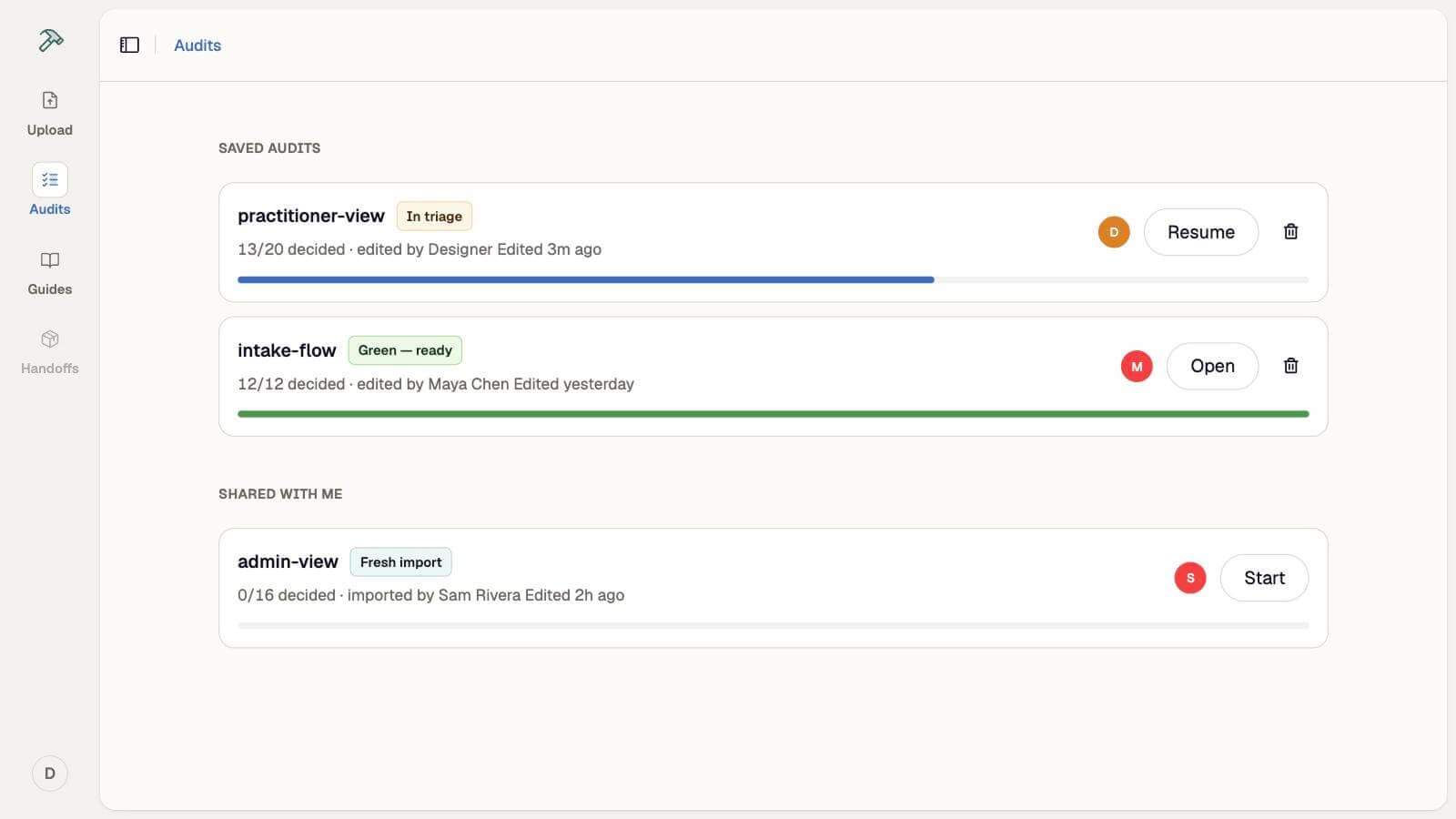 Audits catalog with shared audits and progress bars