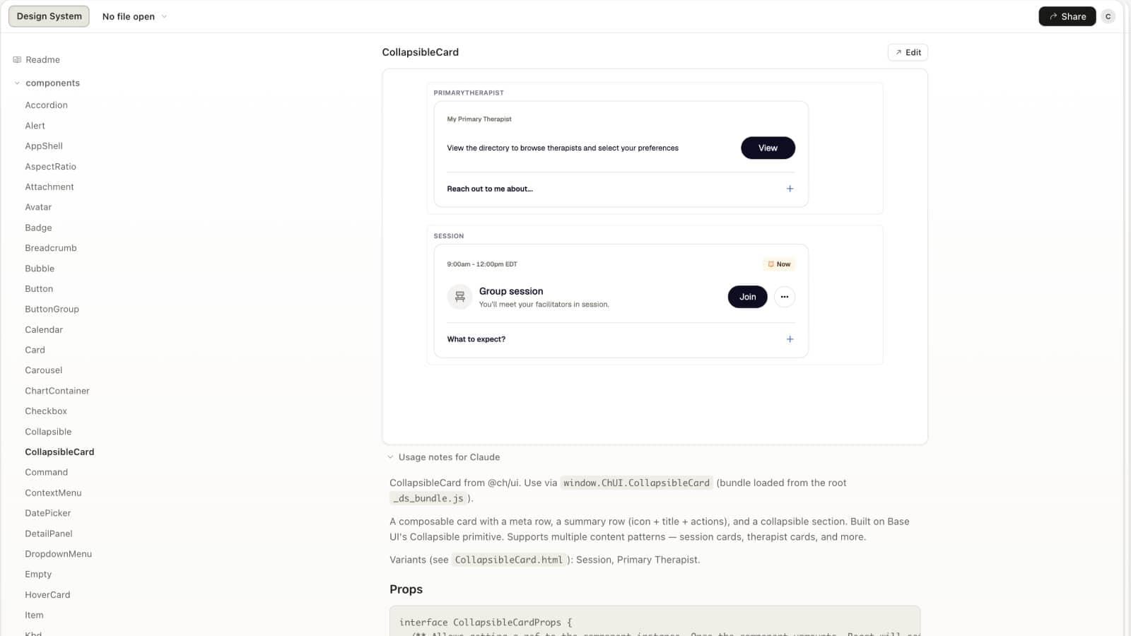Claude Design component page with usage notes and props