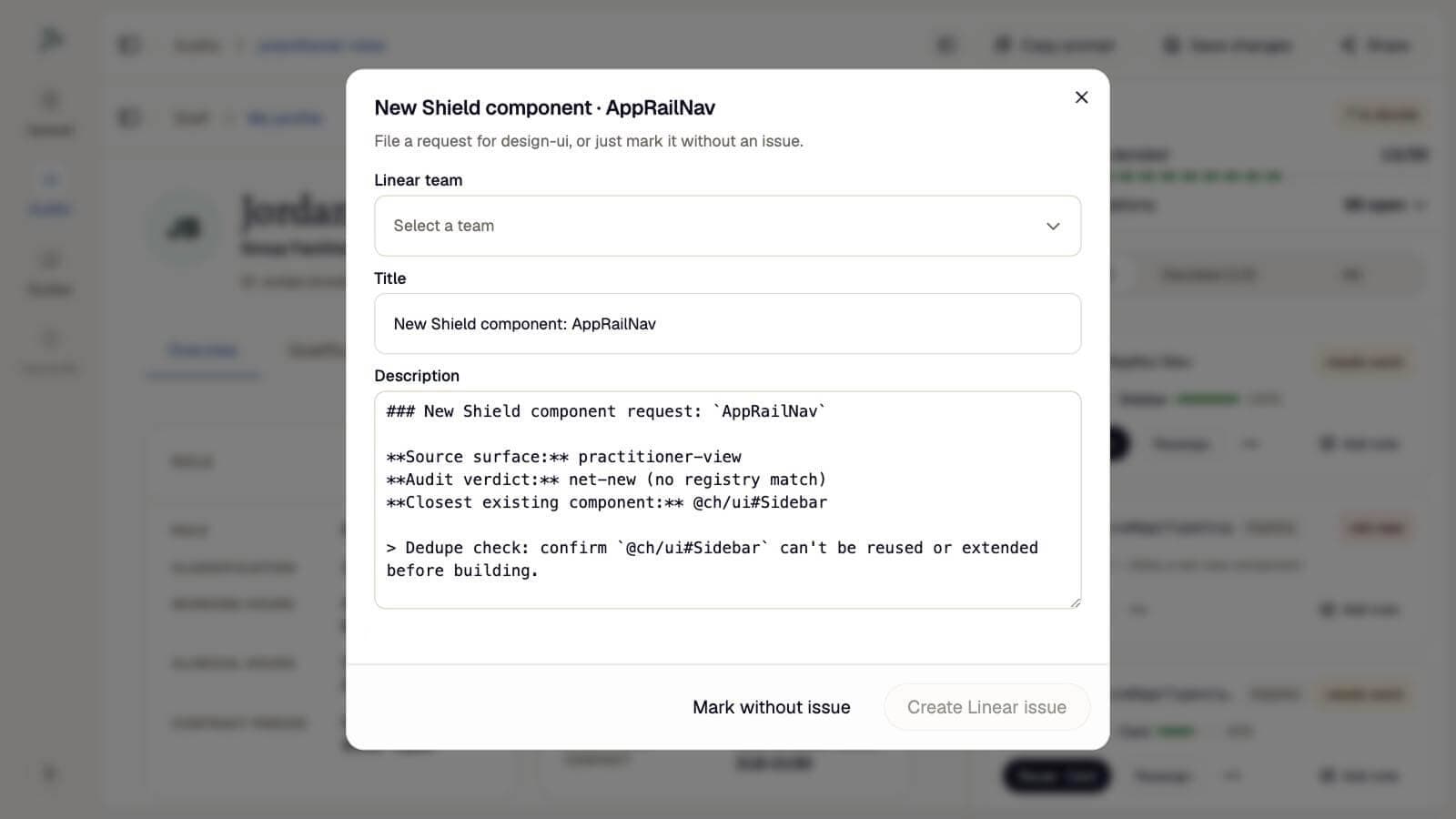 Linear integration for filing new Shield component requests