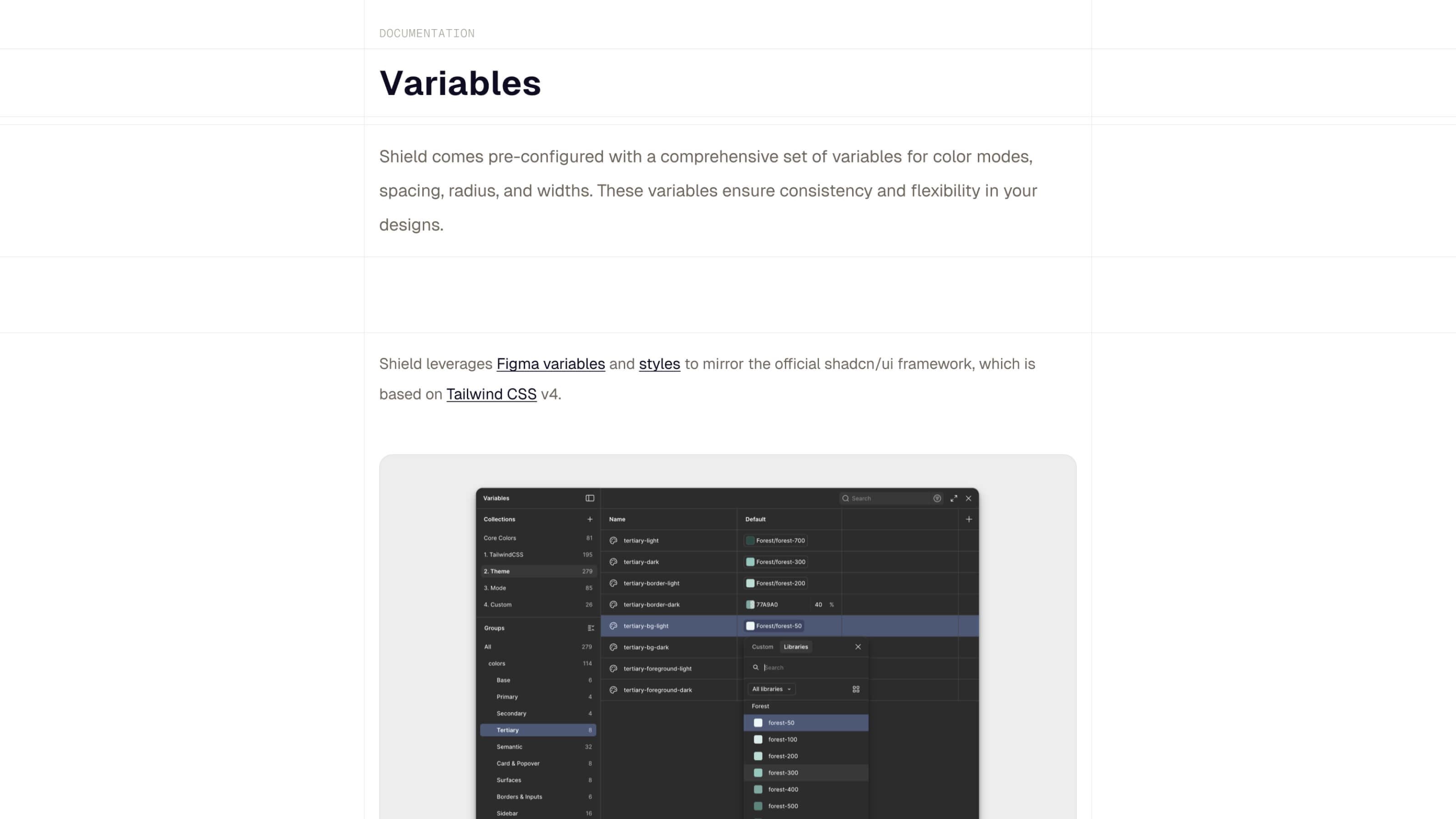 Shield Figma variables panel