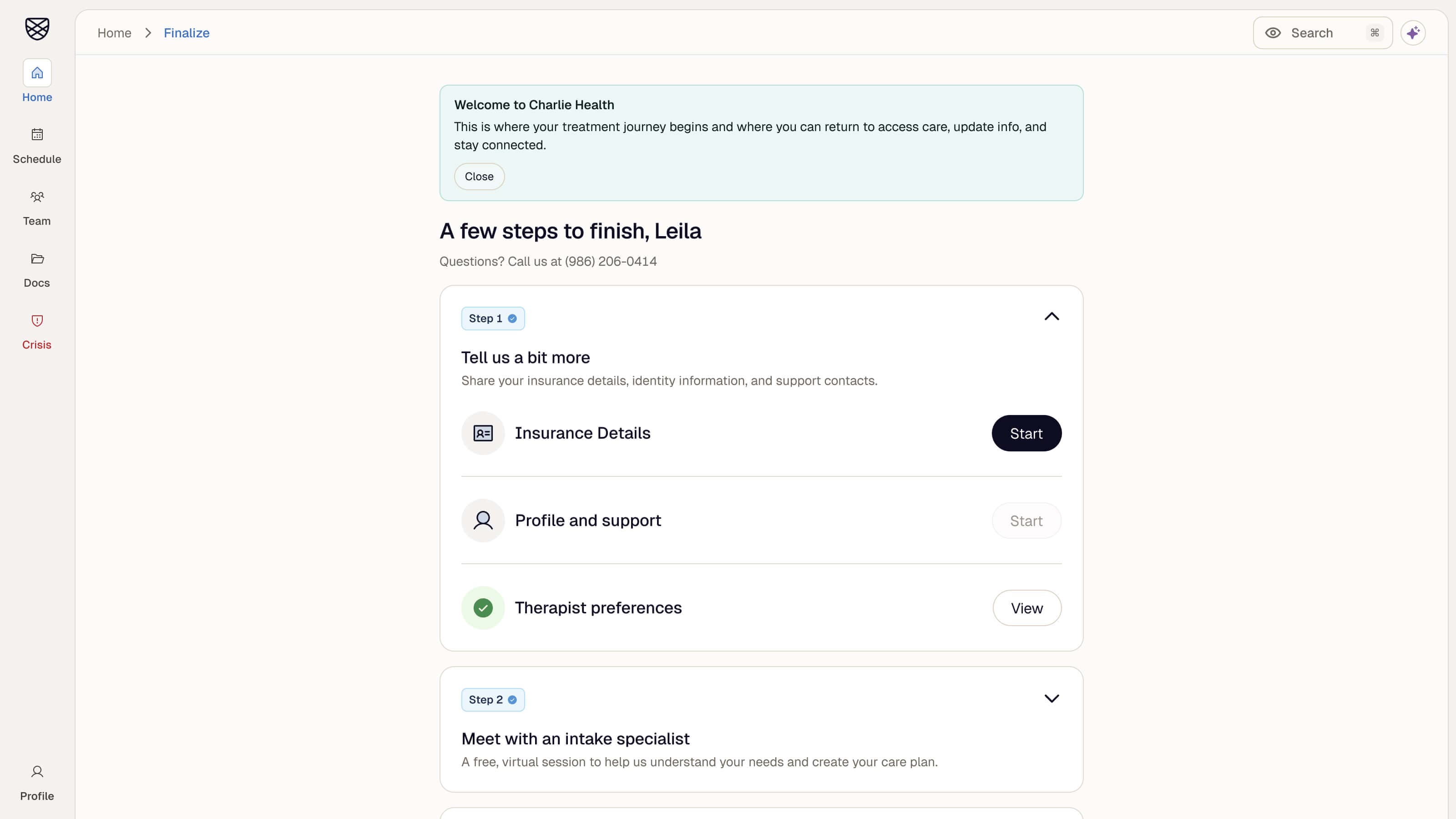 Client home with a finish-setup checklist
