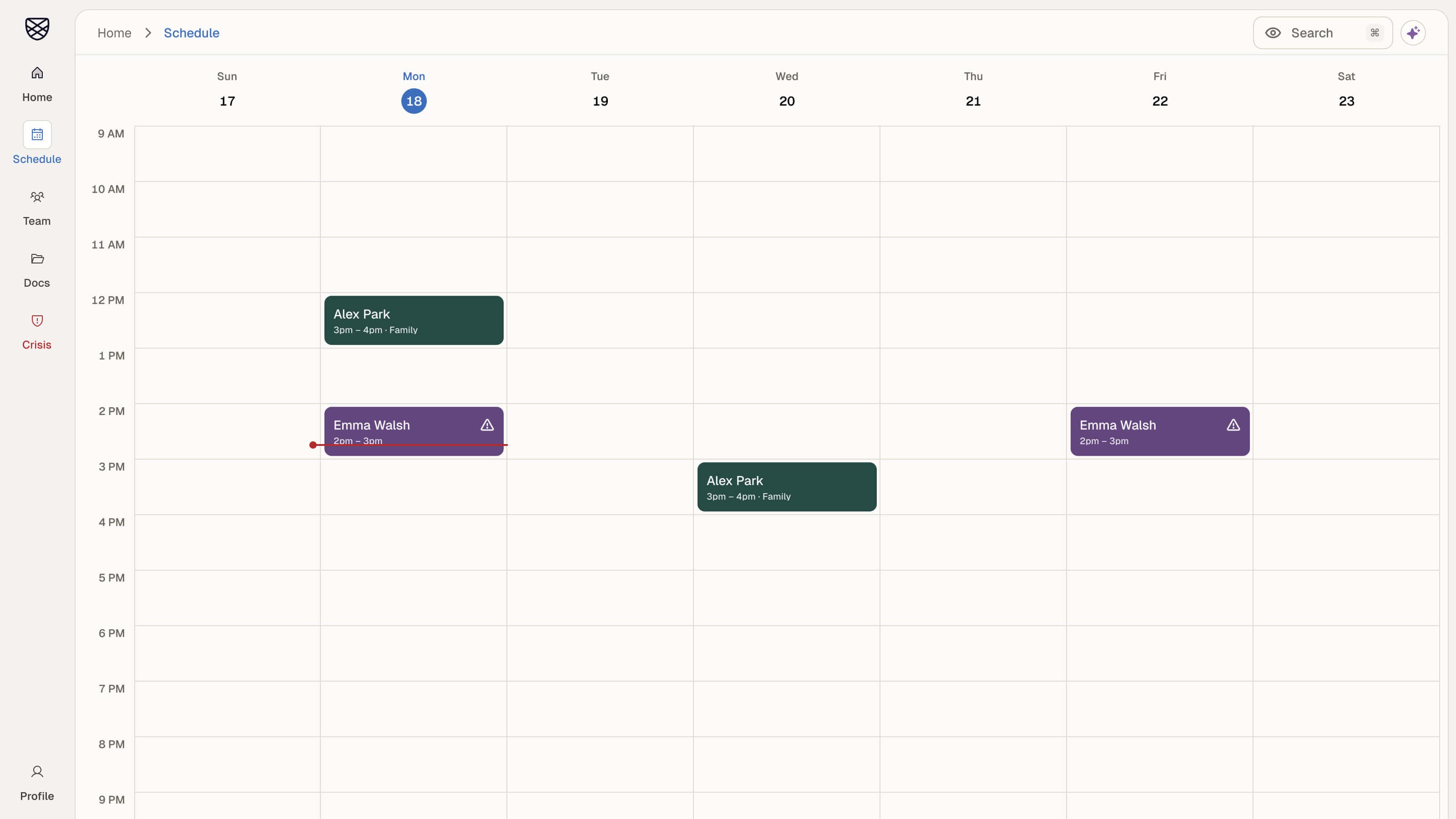 Client weekly schedule with session events
