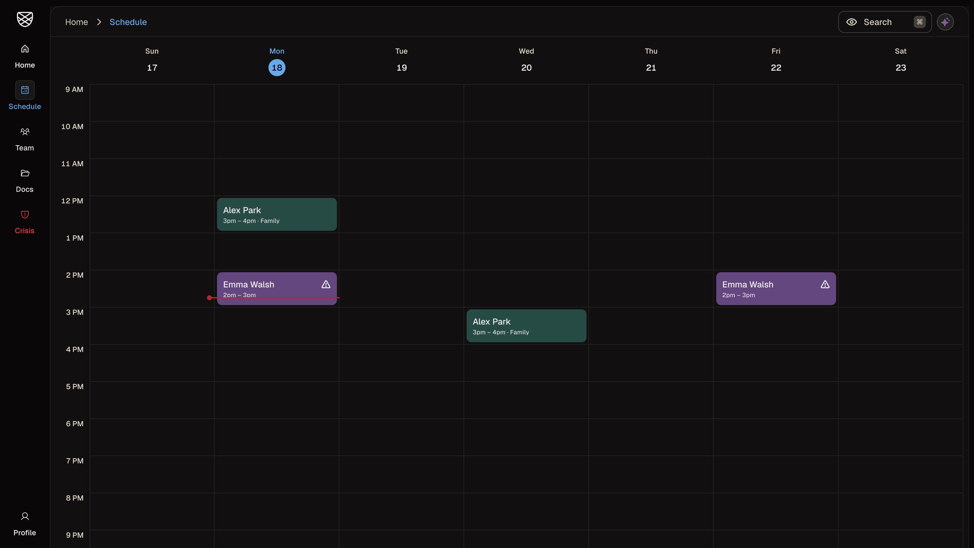 Client weekly schedule in dark mode