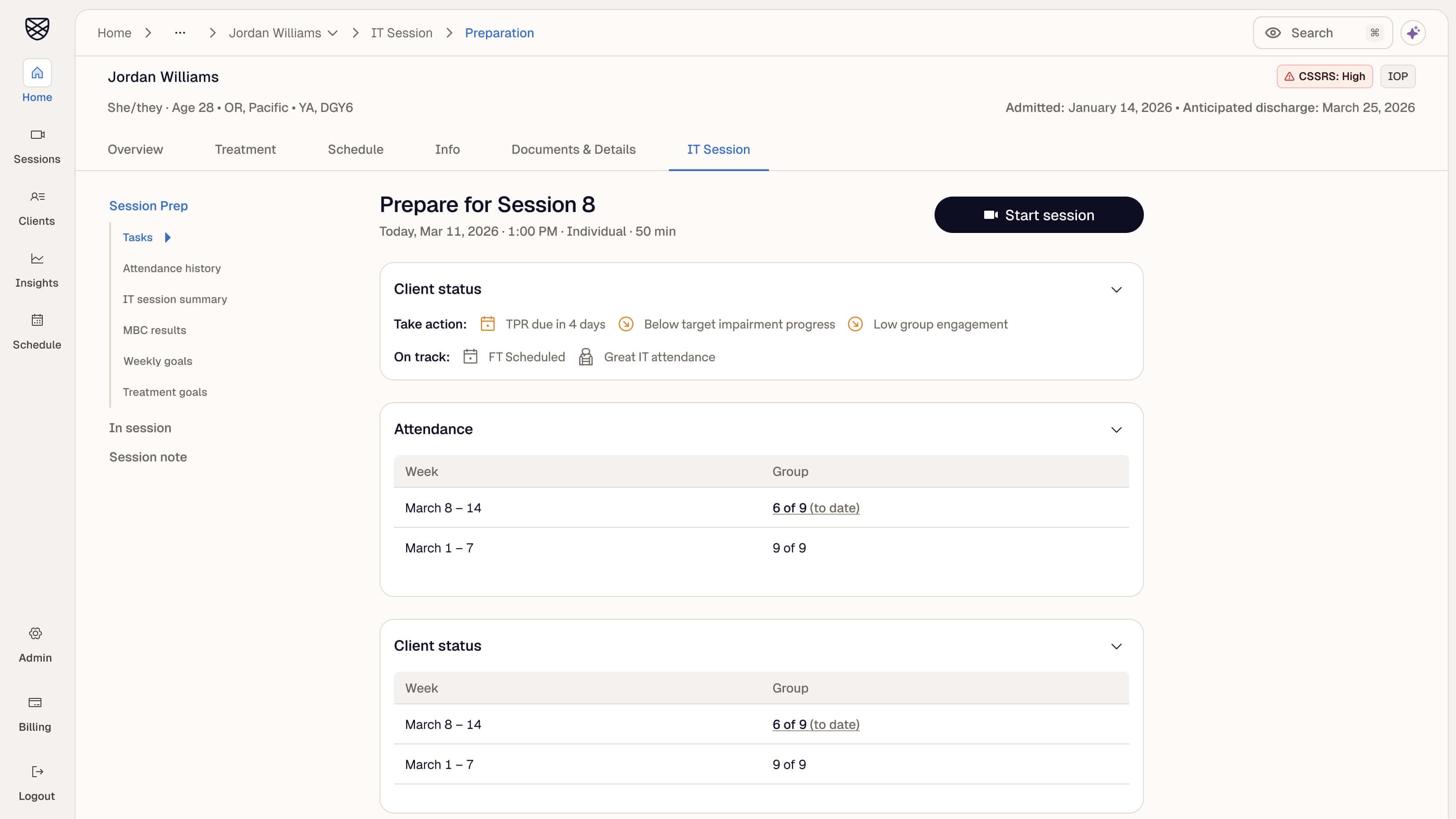 Provider session prep in the Charlie Health provider portal