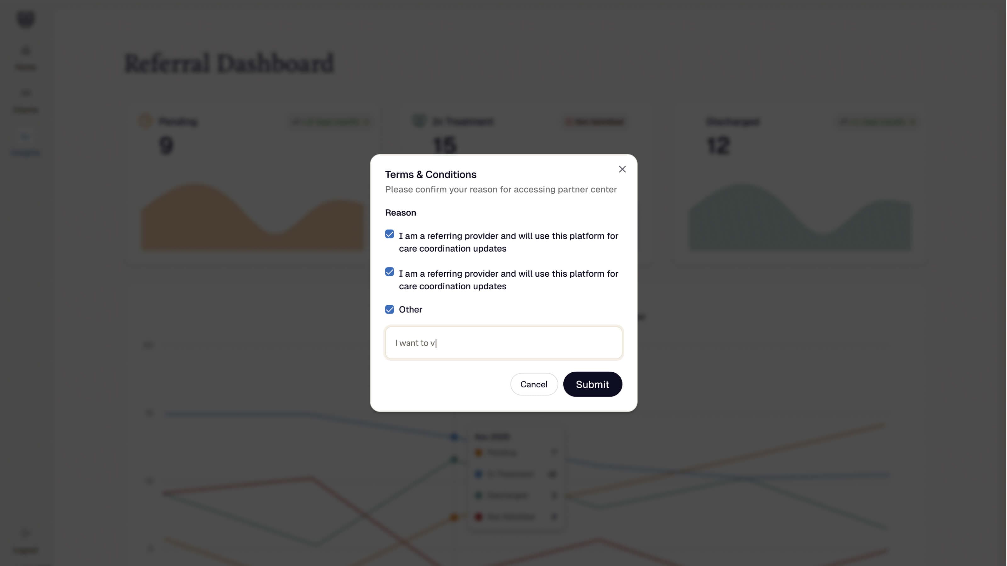 Terms and conditions dialog over the referral dashboard