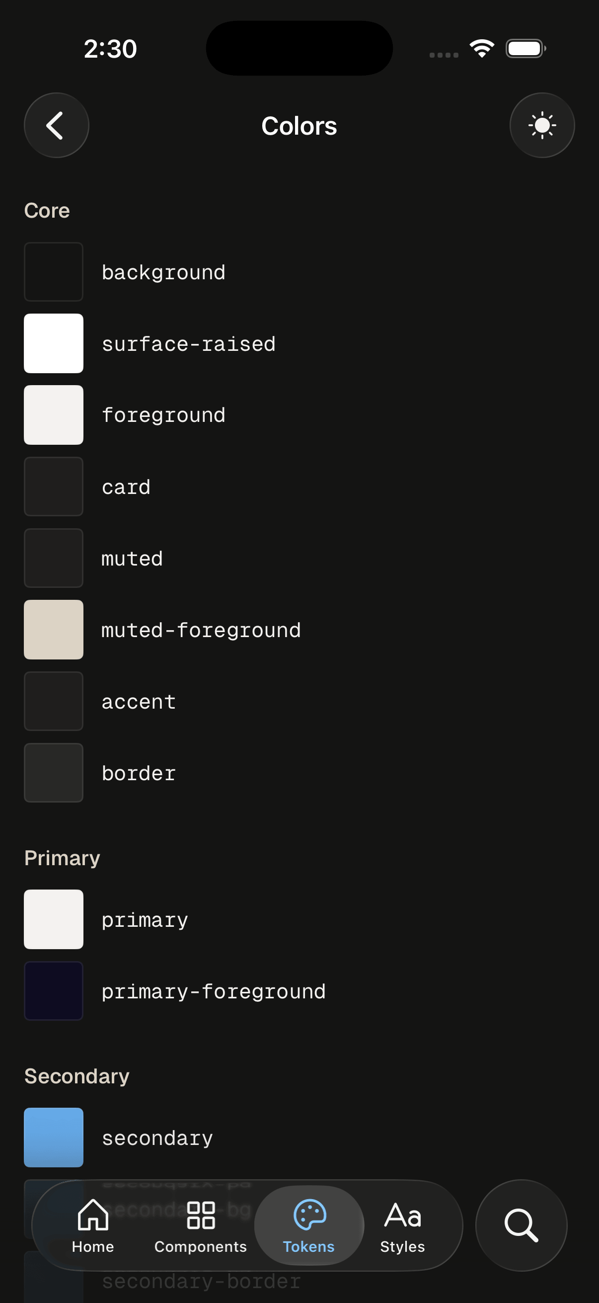 Native ShieldUI color tokens and tokens-and-styles catalog in dark mode