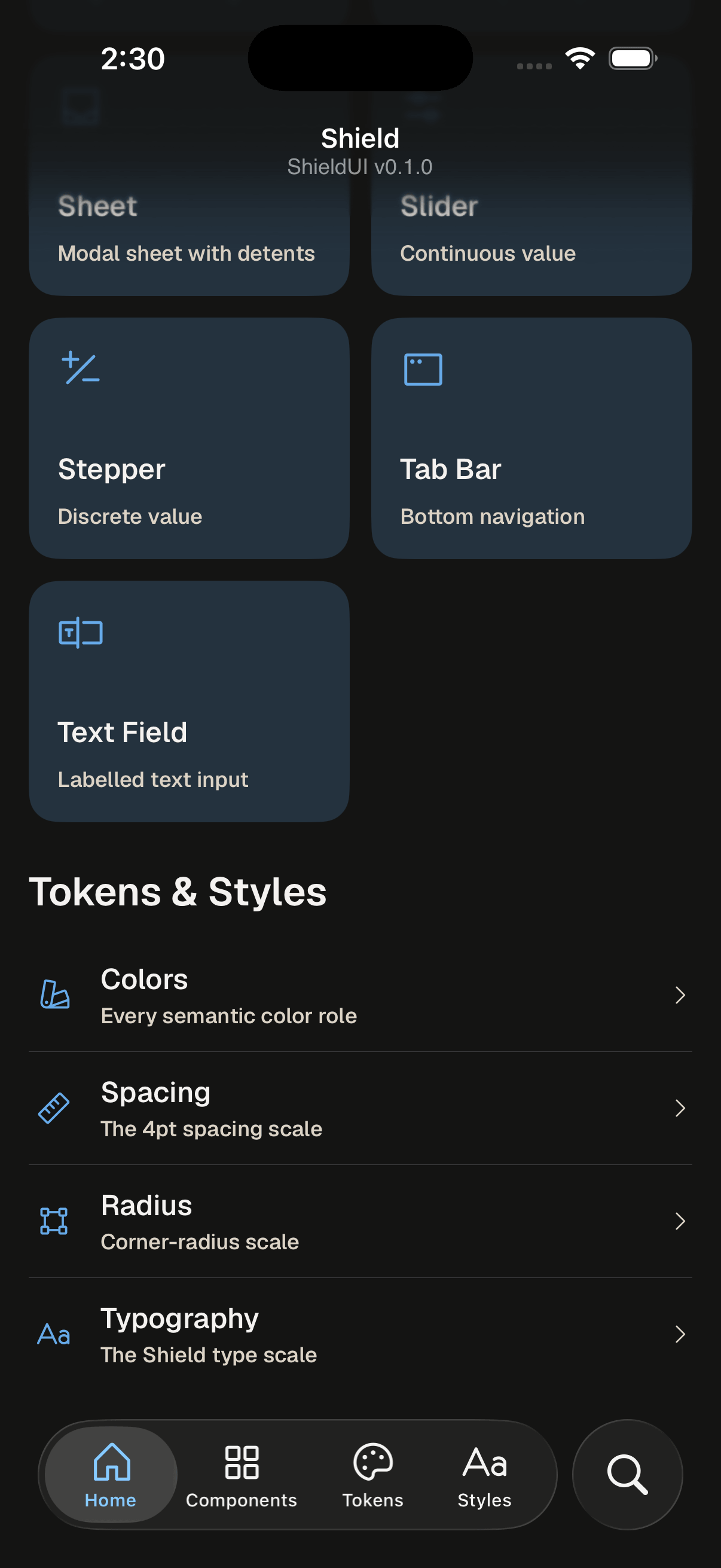 Native ShieldUI color tokens and tokens-and-styles catalog in dark mode