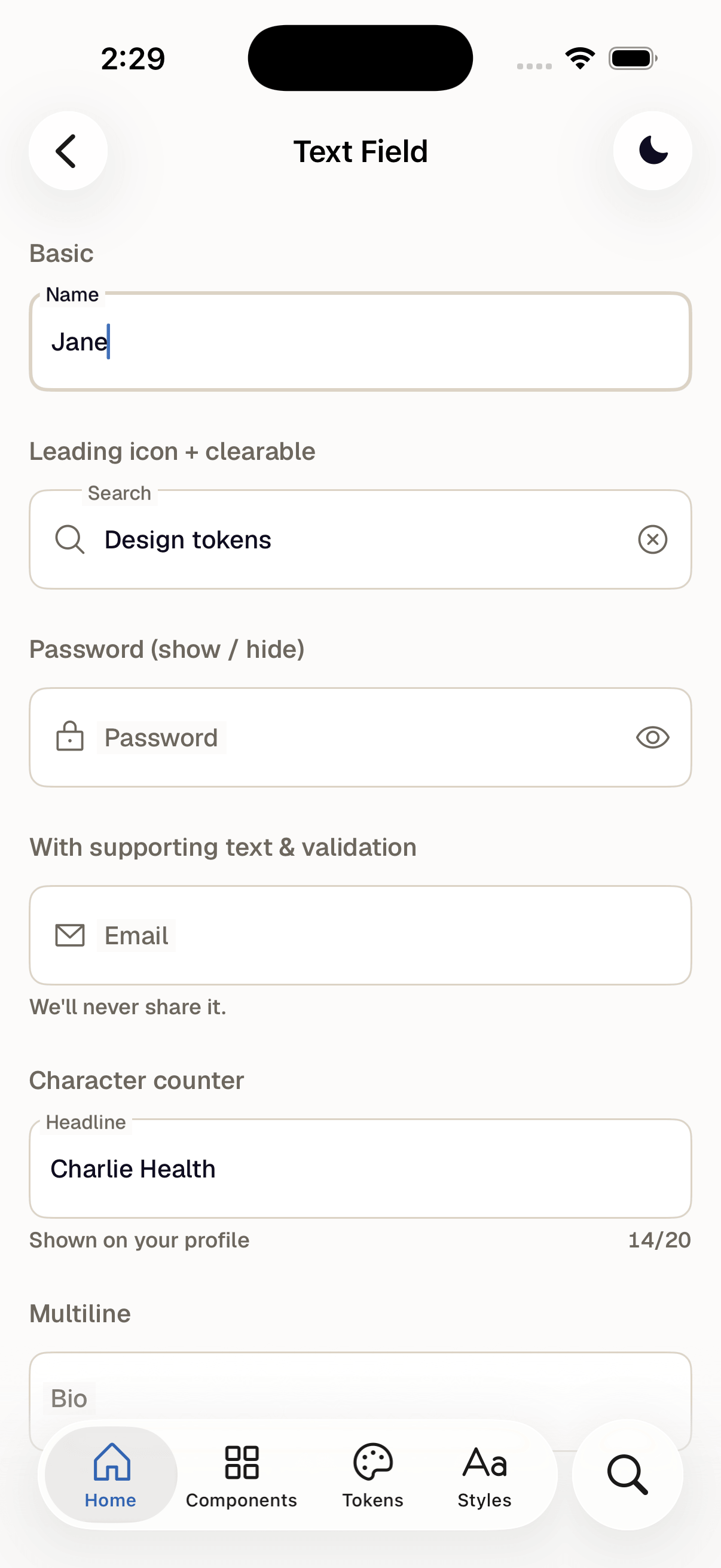 Native ShieldUI text fields and radius token scale