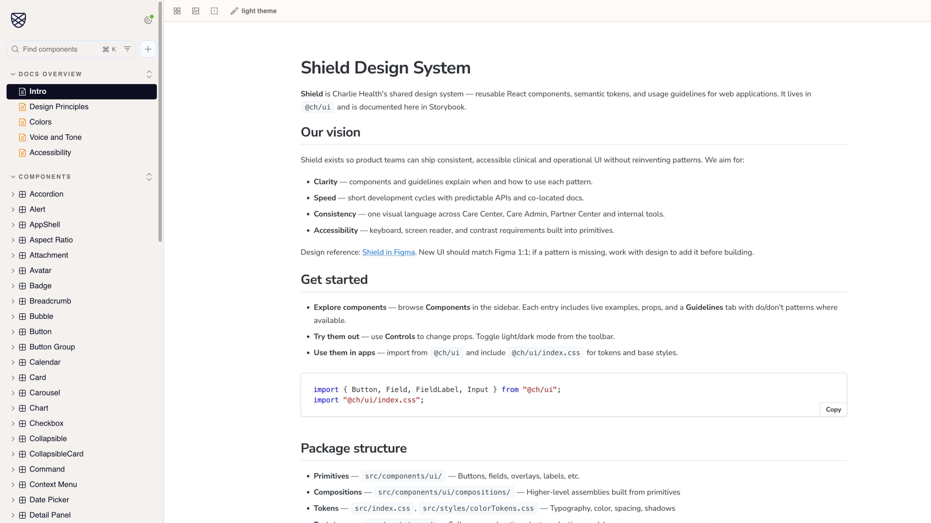 Shield Storybook docs overview