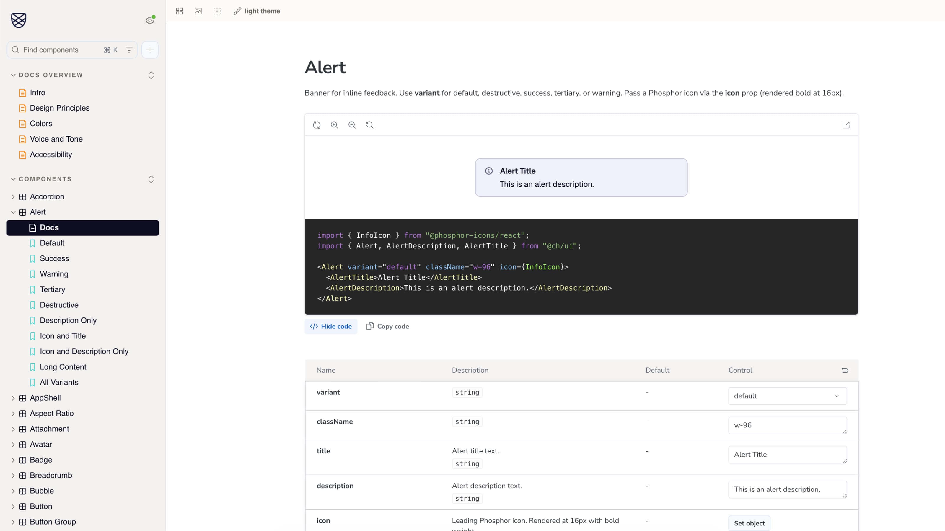 Shield Alert component docs with live preview and props table