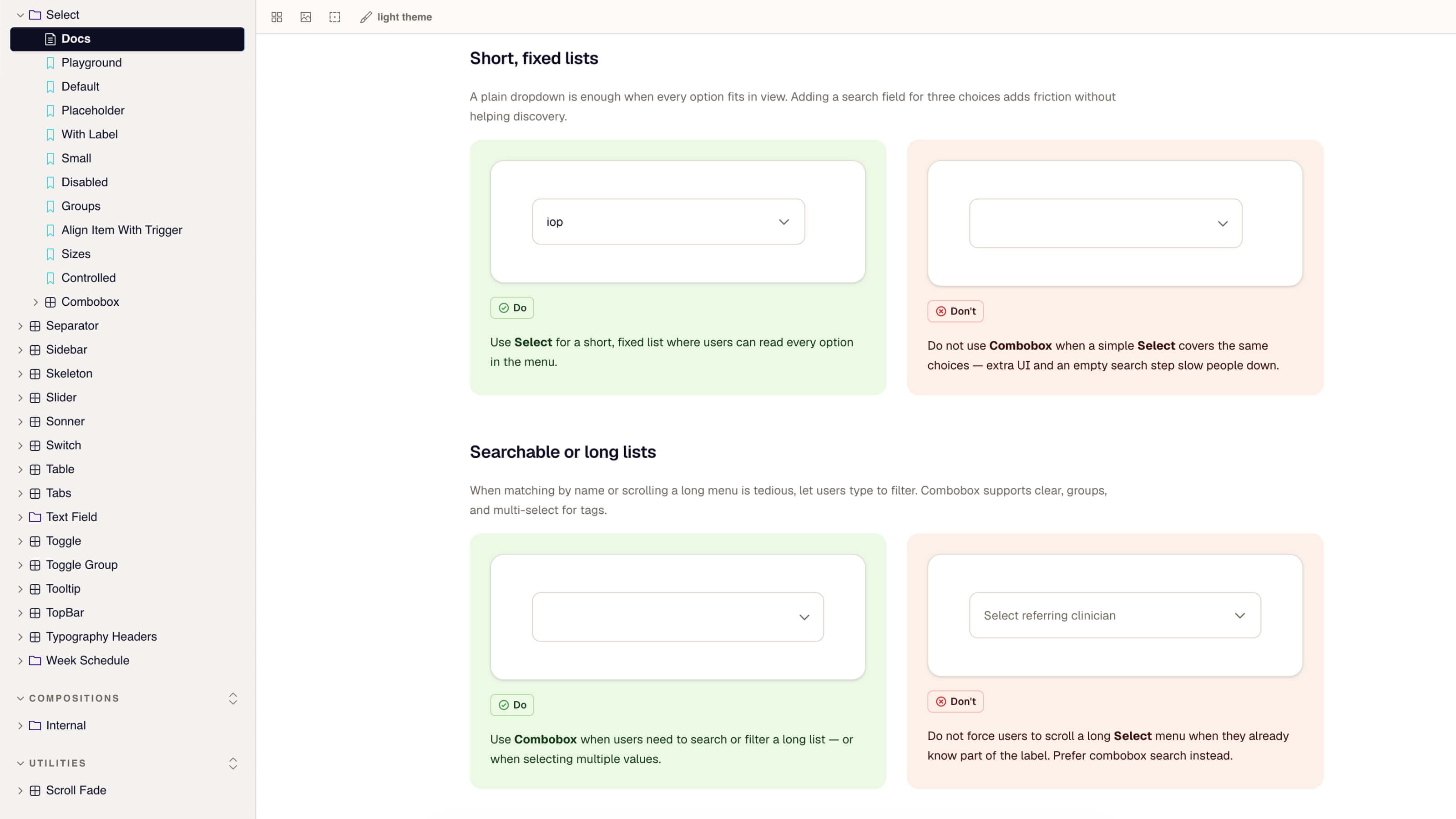 Shield Storybook usage guidelines with do and don't examples