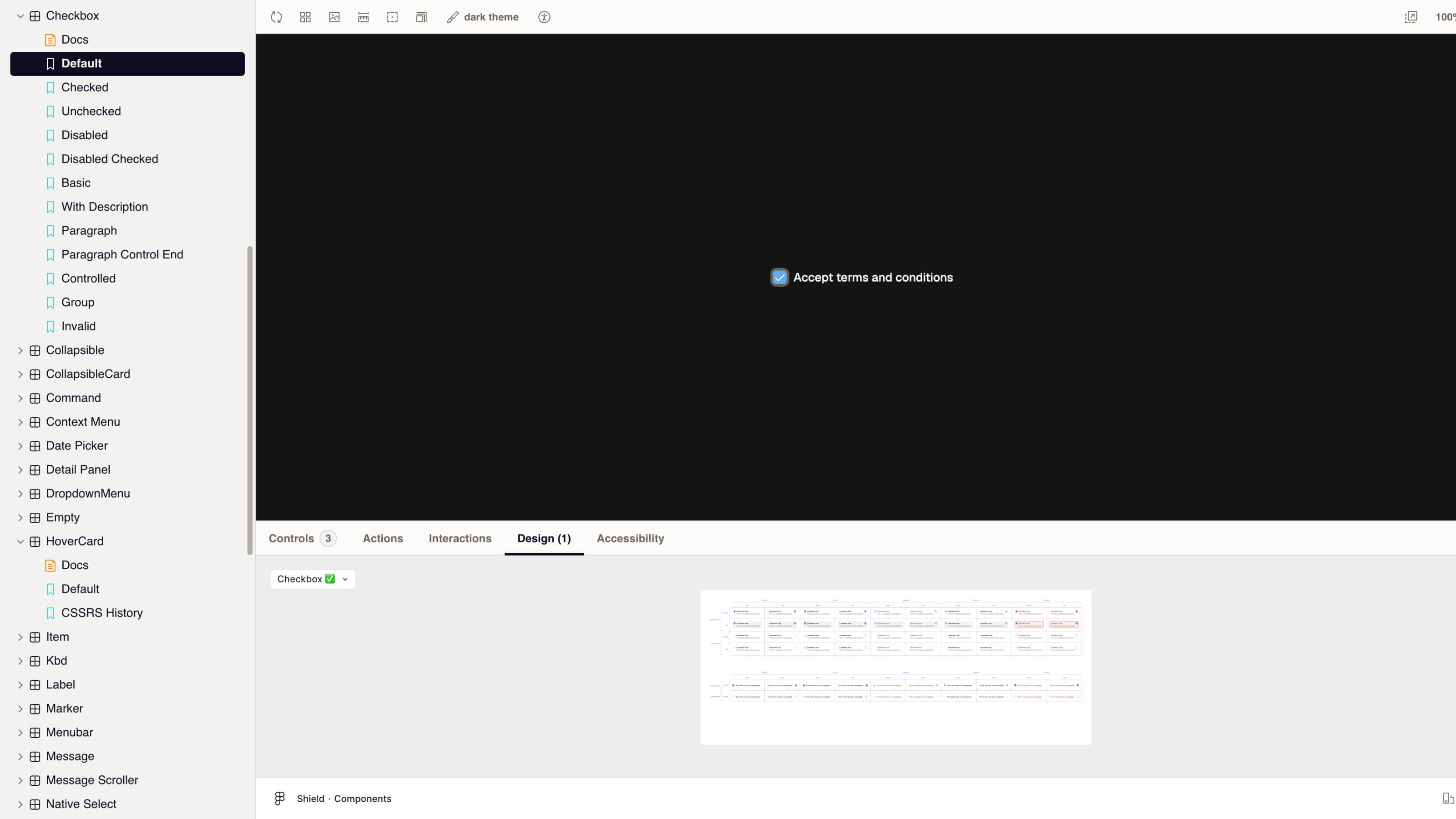 Shield Checkbox story in dark theme with the Figma Design tab