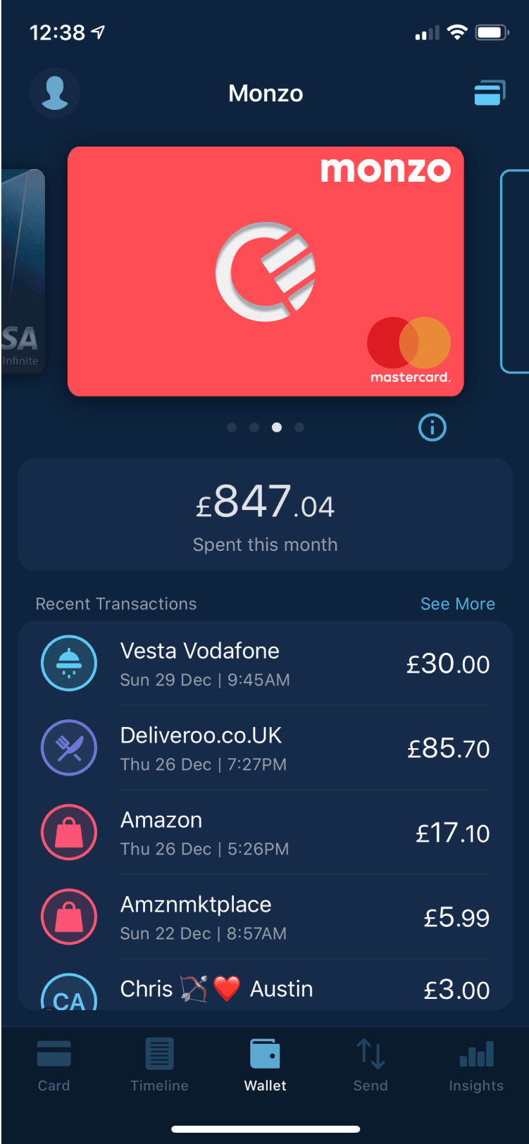 Early wireframe of wallet interface with fallback card selection
