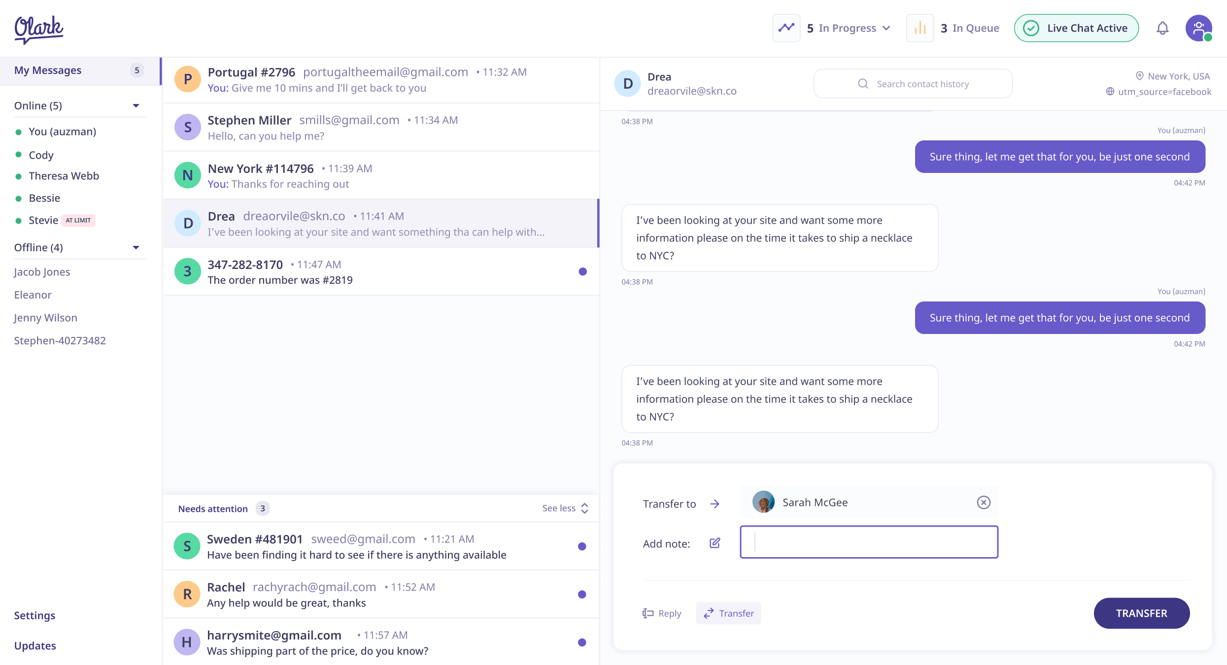 Agent transfer with note
