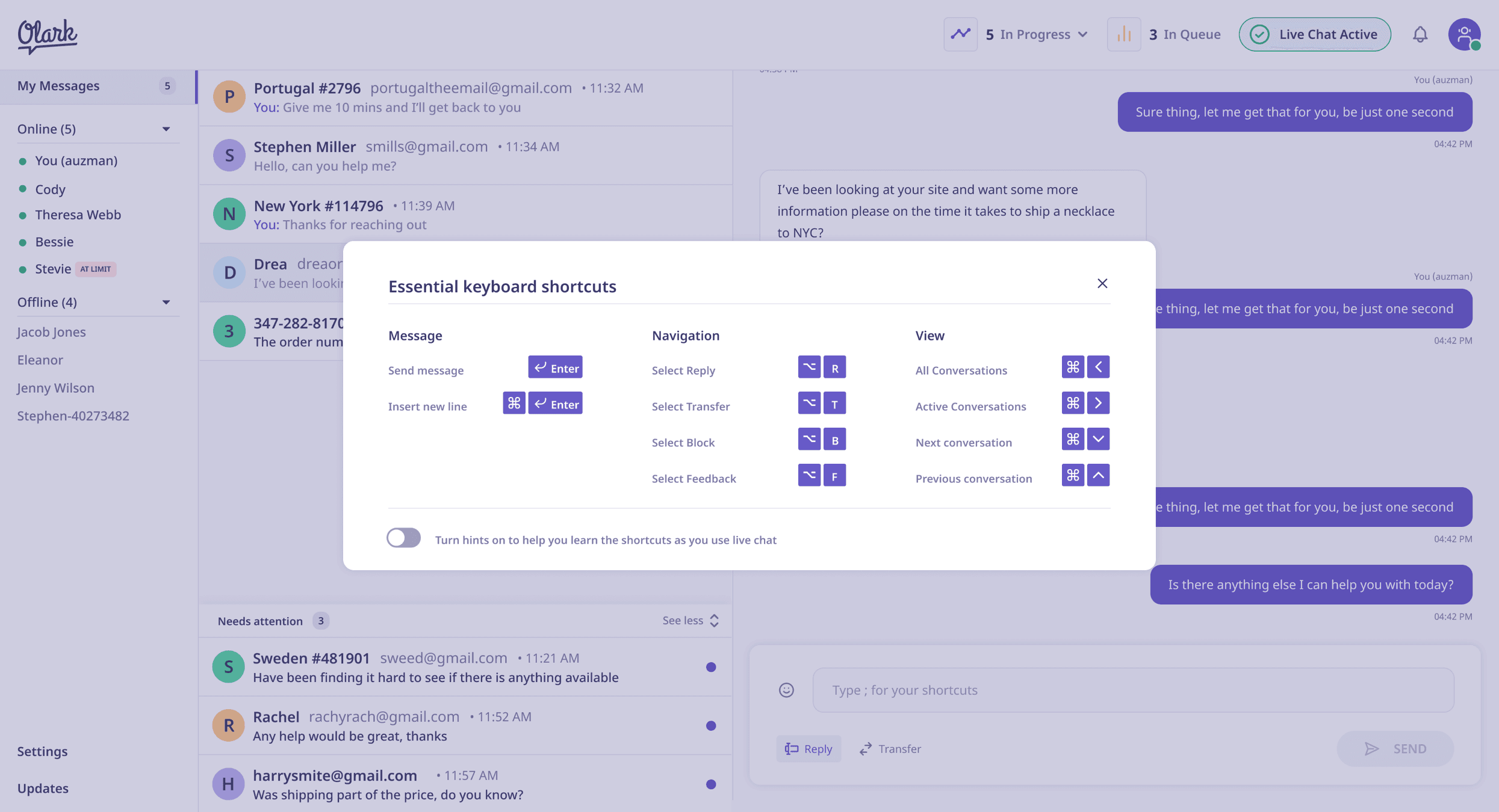 Shortcuts dialogue