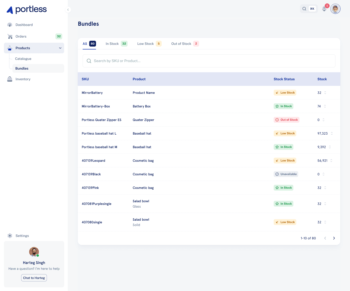 Product bundles table with SKU, product name, stock status, and stock count