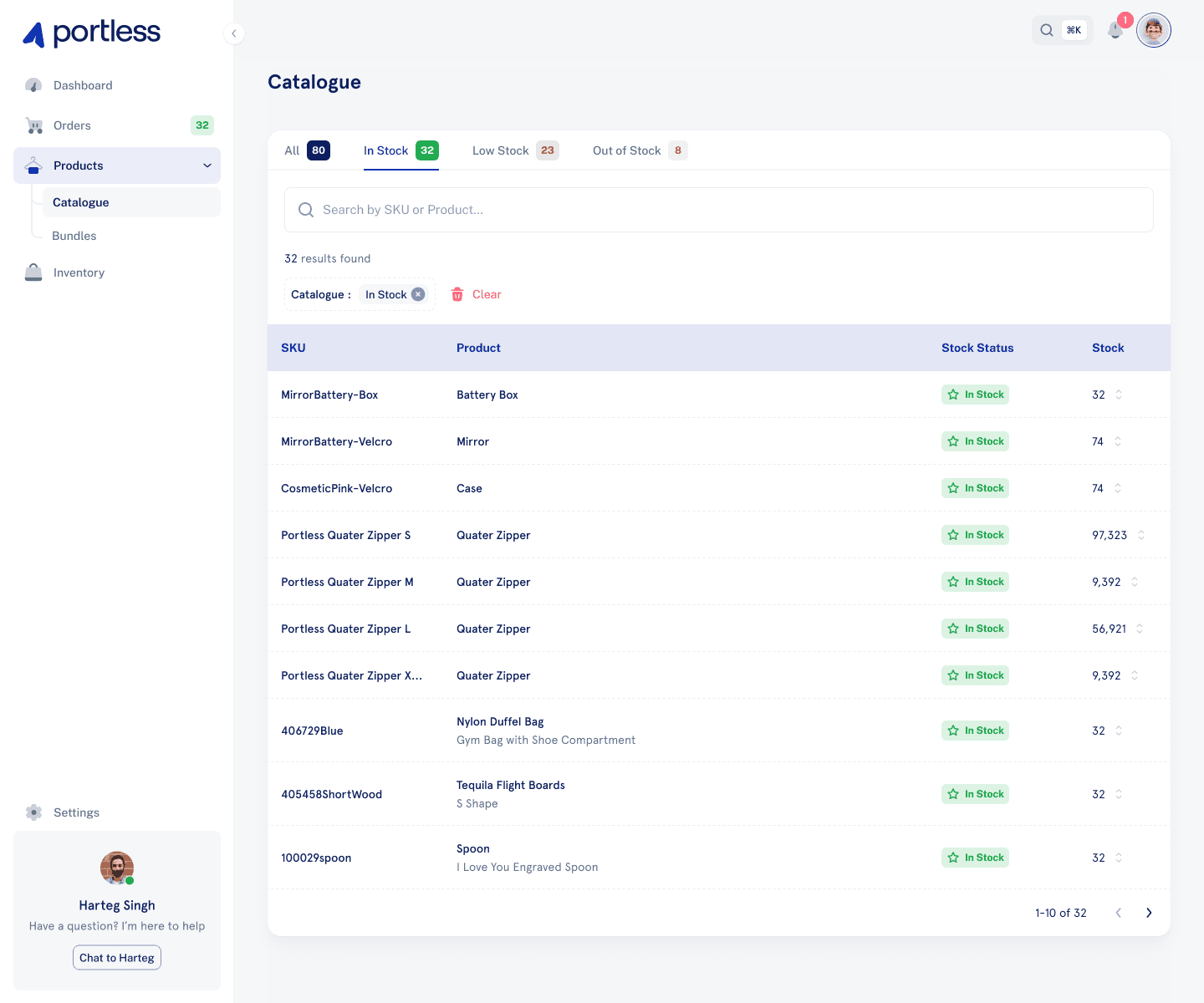 Catalogue view with stock status filters, search, and paginated product table
