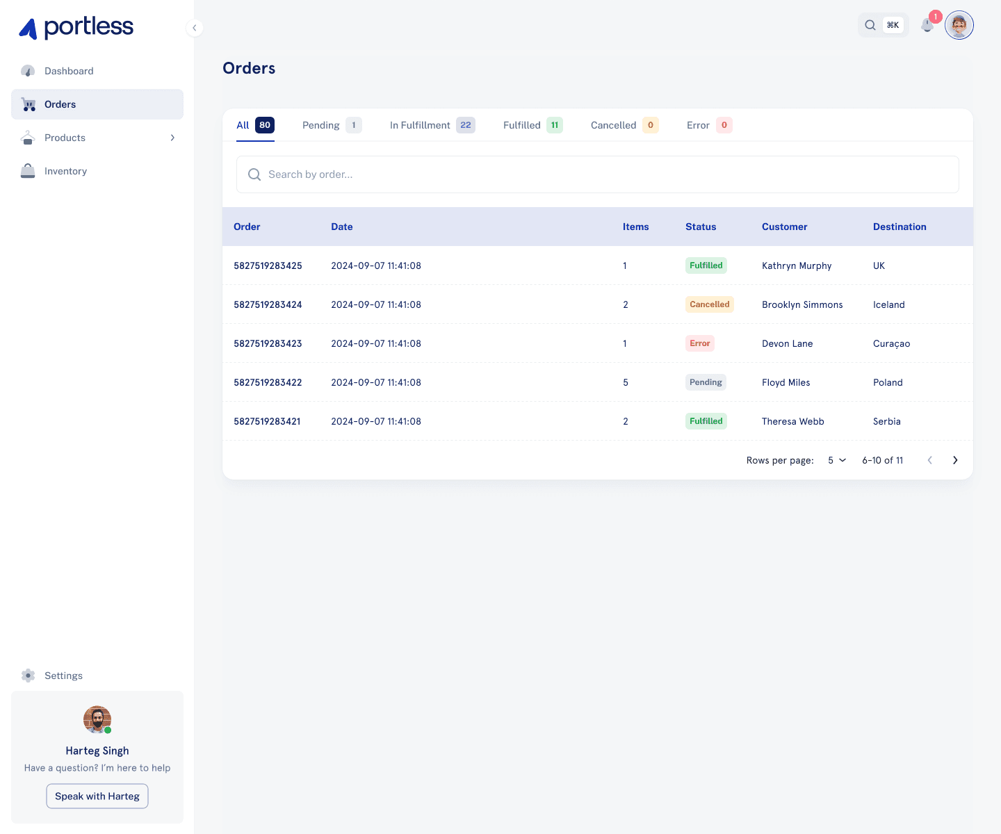 Orders list with status tabs and search