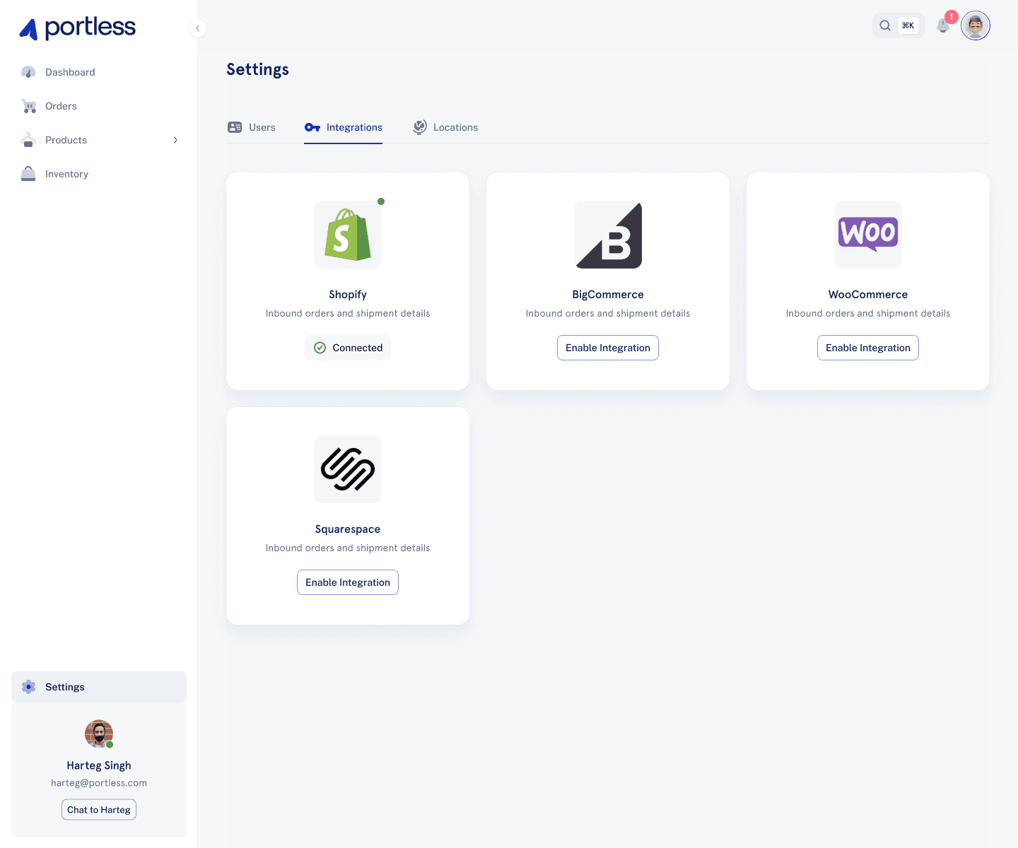 Integration settings with Shopify connected and BigCommerce, WooCommerce, Squarespace available
