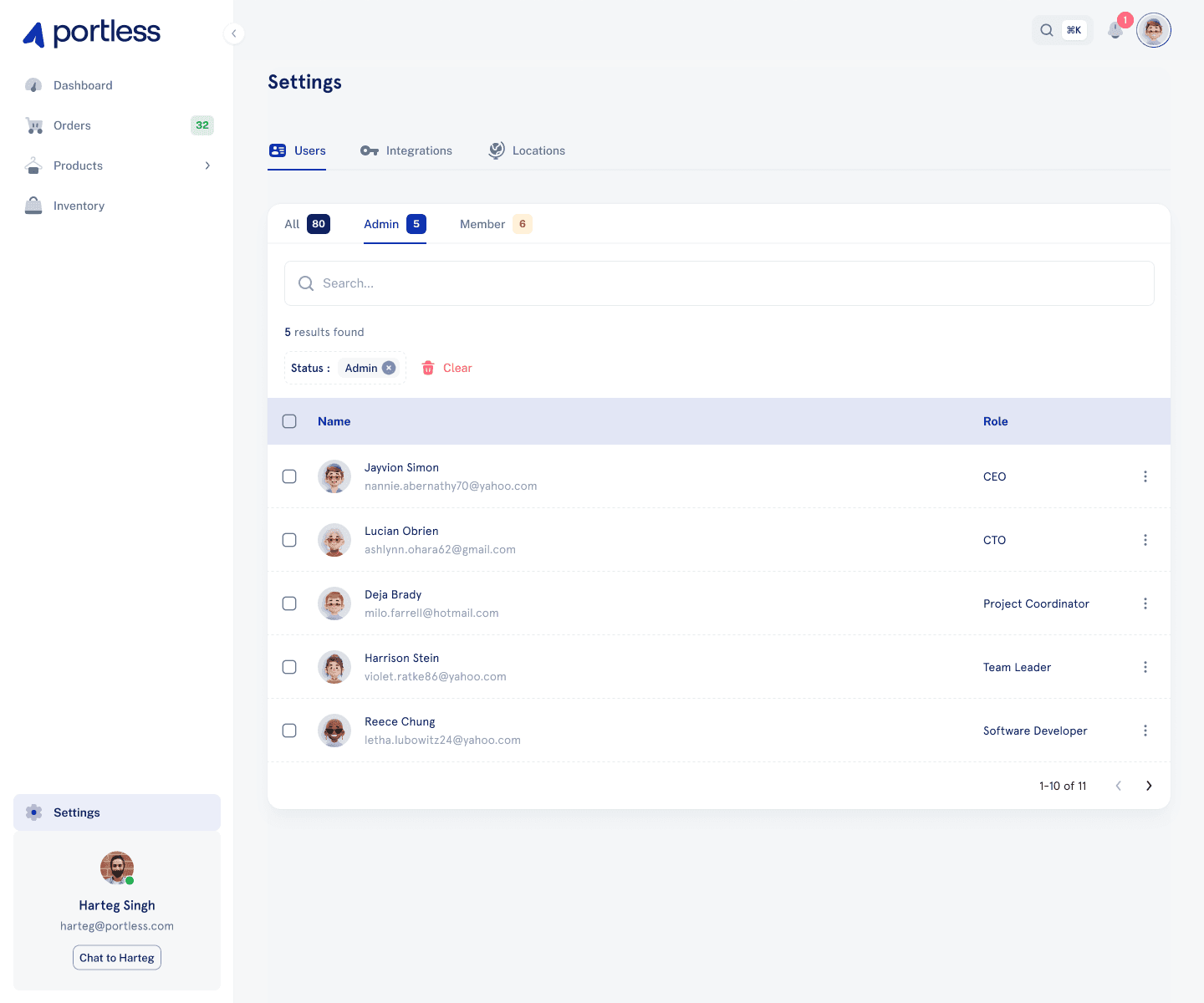 User management with admin and member roles, search, and filtering